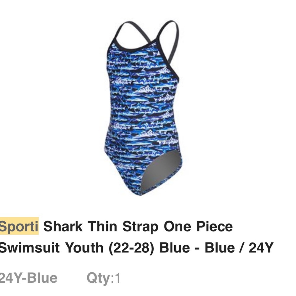 Brand new in packaging: Sporti Kids Shark Thin Strap One Piece Swimsuit - Blue